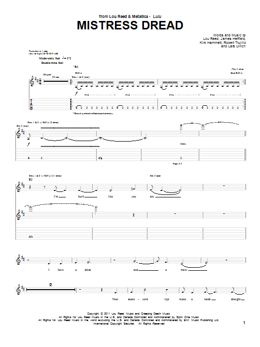 Lou Reed & Metallica Mistress Dread sheet music notes and chords arranged for Guitar Tab