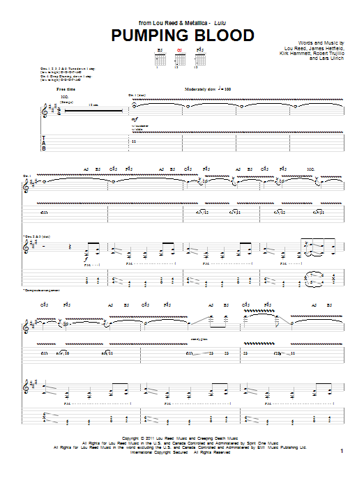 Lou Reed & Metallica Pumping Blood sheet music notes and chords arranged for Guitar Tab