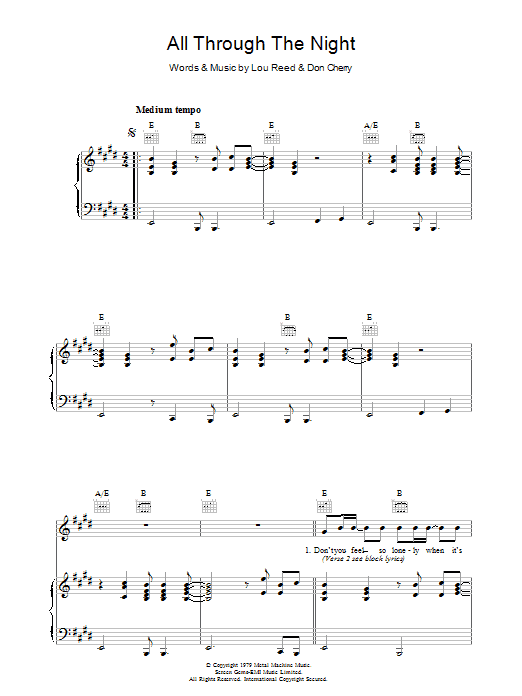 Lou Reed All Through The Night sheet music notes and chords arranged for Piano, Vocal & Guitar Chords