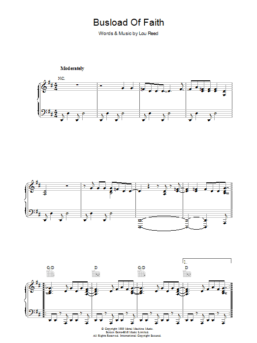 Lou Reed Busload Of Faith sheet music notes and chords arranged for Piano, Vocal & Guitar Chords