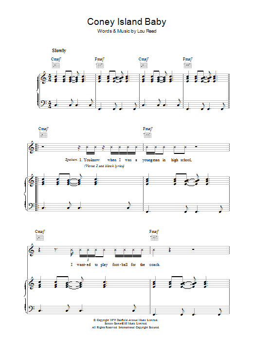 Lou Reed Coney Island Baby sheet music notes and chords arranged for Piano, Vocal & Guitar Chords