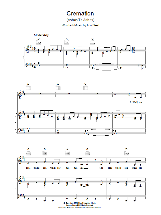 Lou Reed Cremation sheet music notes and chords arranged for Piano, Vocal & Guitar Chords