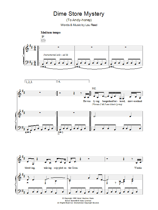 Lou Reed Dime Store Mystery sheet music notes and chords arranged for Piano, Vocal & Guitar Chords