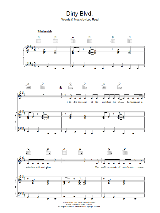 Lou Reed Dirty Blvd. sheet music notes and chords arranged for Piano, Vocal & Guitar Chords
