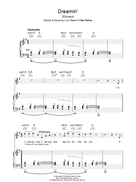 Lou Reed Dreamin' sheet music notes and chords arranged for Piano, Vocal & Guitar Chords