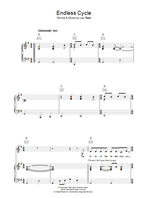 Lou Reed Endless Cycle sheet music notes and chords arranged for Piano, Vocal & Guitar Chords