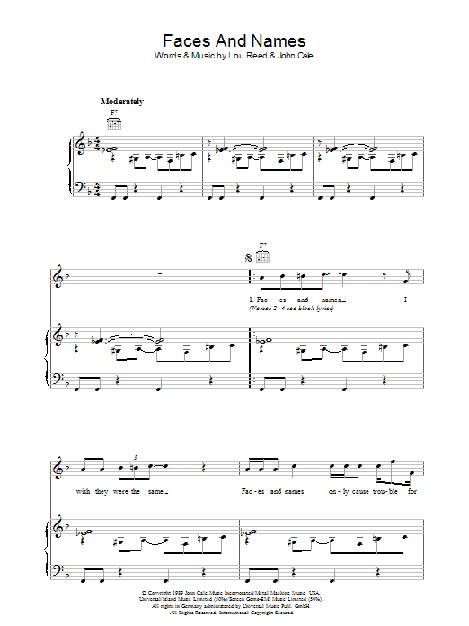 Lou Reed Faces And Names sheet music notes and chords arranged for Piano, Vocal & Guitar Chords