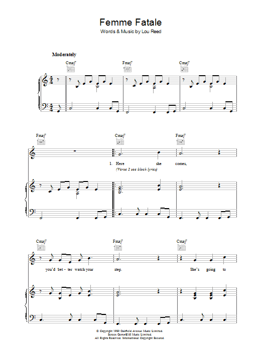 Lou Reed Femme Fatale sheet music notes and chords arranged for Piano, Vocal & Guitar Chords