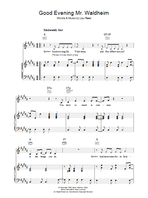 Lou Reed Good Evening Mr. Waldheim sheet music notes and chords arranged for Piano, Vocal & Guitar Chords