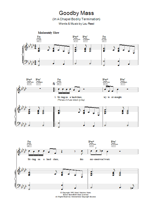Lou Reed Goodby Mass sheet music notes and chords arranged for Piano, Vocal & Guitar Chords