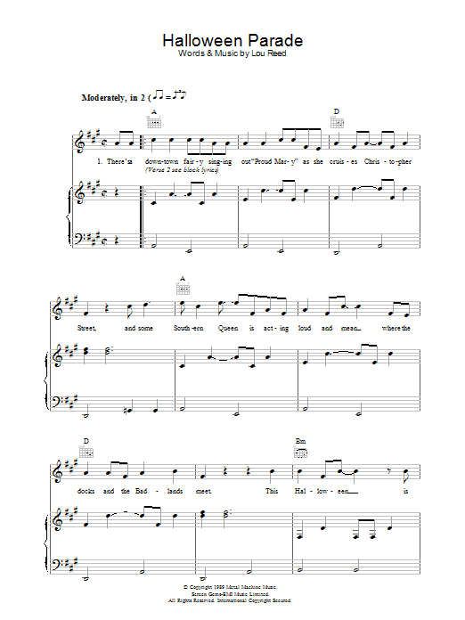 Lou Reed Halloween Parade sheet music notes and chords arranged for Piano, Vocal & Guitar Chords