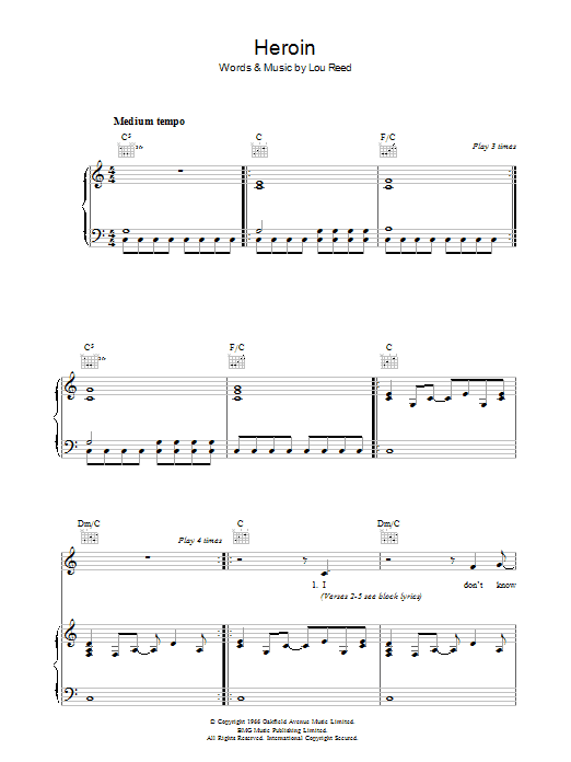 Lou Reed Heroin sheet music notes and chords arranged for Piano, Vocal & Guitar Chords