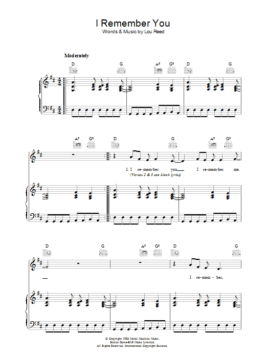Lou Reed I Remember You sheet music notes and chords arranged for Piano, Vocal & Guitar Chords