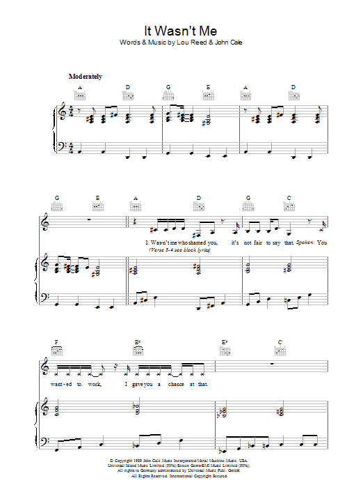 Lou Reed It Wasn't Me sheet music notes and chords arranged for Piano, Vocal & Guitar Chords
