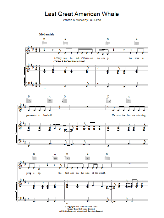 Lou Reed Last Great American Whale sheet music notes and chords arranged for Piano, Vocal & Guitar Chords