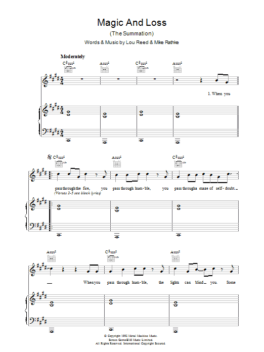Lou Reed Magic And Loss sheet music notes and chords arranged for Piano, Vocal & Guitar Chords