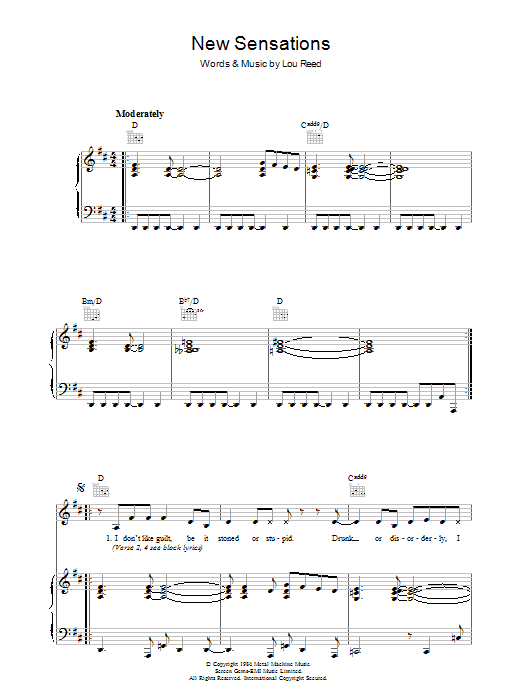 Lou Reed New Sensations sheet music notes and chords arranged for Piano, Vocal & Guitar Chords