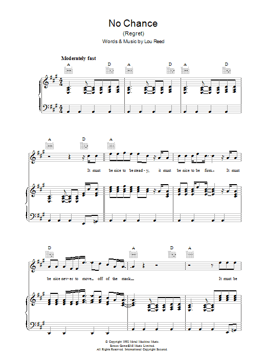 Lou Reed No Chance sheet music notes and chords arranged for Piano, Vocal & Guitar Chords