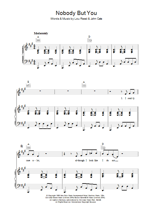 Lou Reed Nobody But You sheet music notes and chords arranged for Piano, Vocal & Guitar Chords