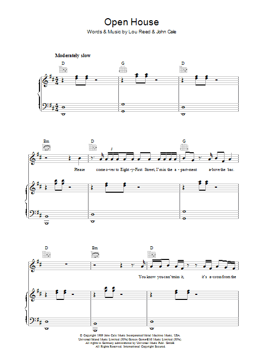 Lou Reed Open House sheet music notes and chords arranged for Piano, Vocal & Guitar Chords