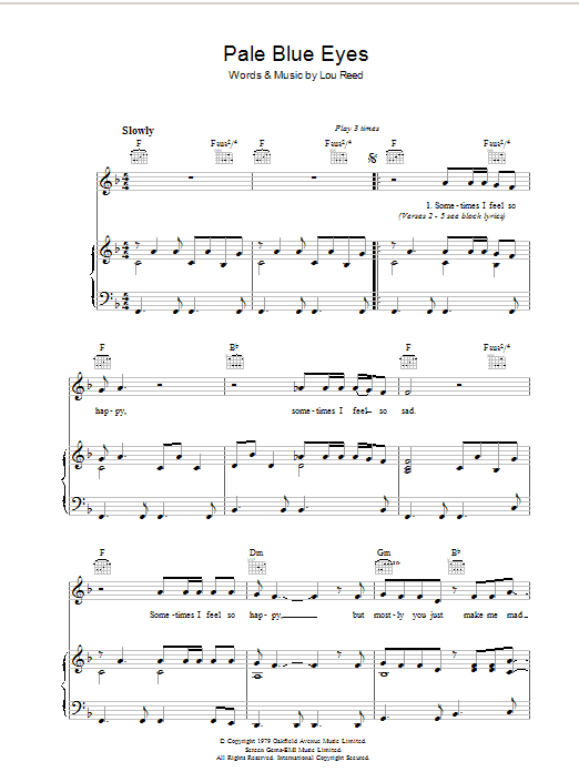 Lou Reed Pale Blue Eyes sheet music notes and chords arranged for Piano, Vocal & Guitar Chords