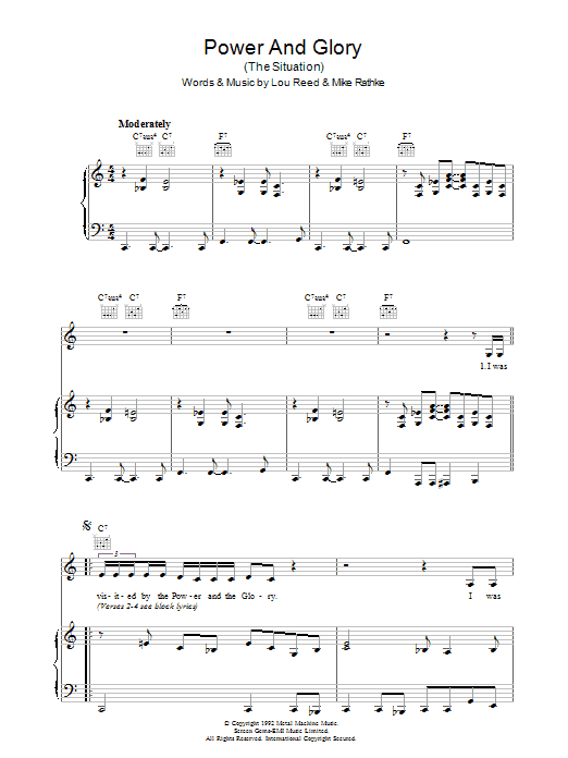 Lou Reed Power And Glory sheet music notes and chords arranged for Piano, Vocal & Guitar Chords
