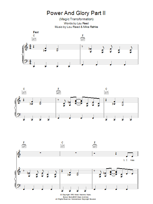 Lou Reed Power And Glory Part 2 sheet music notes and chords arranged for Piano, Vocal & Guitar Chords