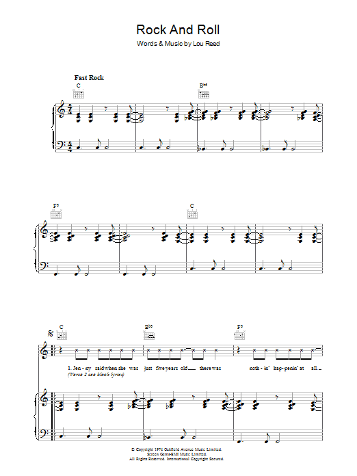 Lou Reed Rock And Roll sheet music notes and chords arranged for Piano, Vocal & Guitar Chords