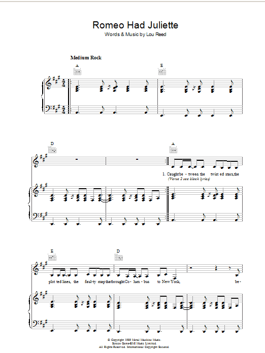 Lou Reed Romeo Had Juliette sheet music notes and chords arranged for Piano, Vocal & Guitar Chords