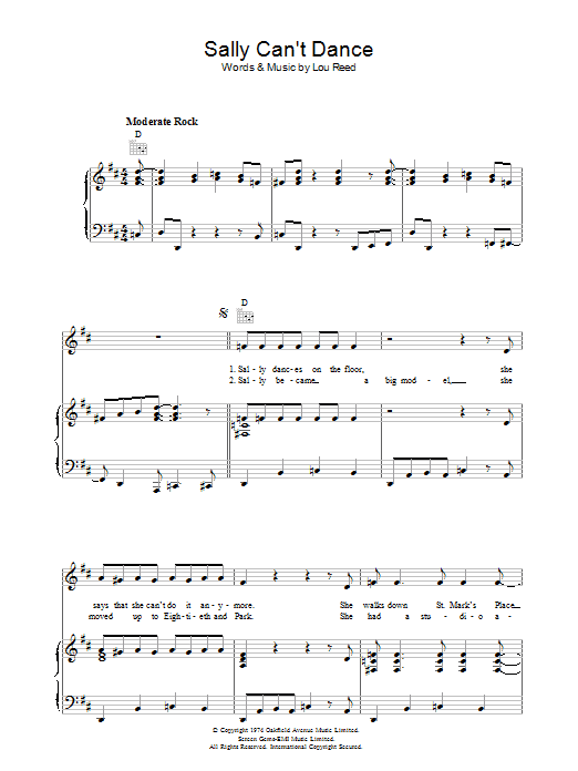 Lou Reed Sally Can't Dance sheet music notes and chords arranged for Piano, Vocal & Guitar Chords