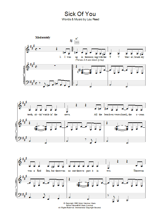 Lou Reed Sick Of You sheet music notes and chords arranged for Piano, Vocal & Guitar Chords