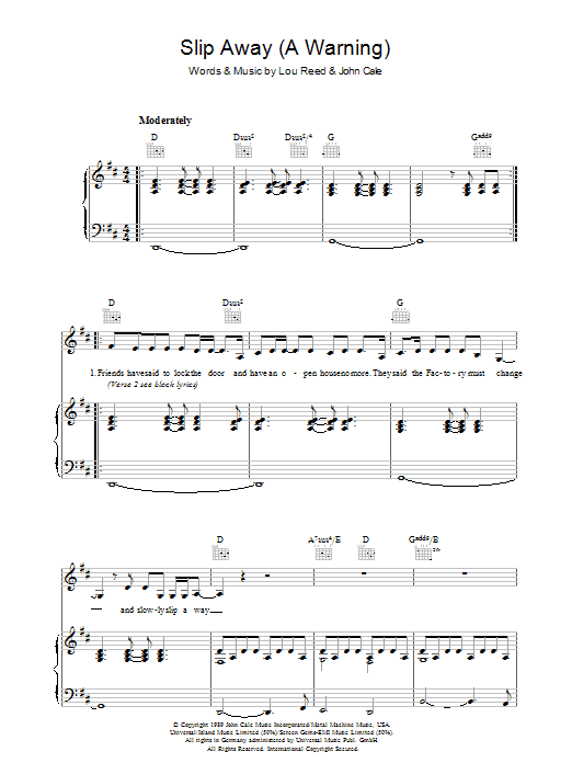 Lou Reed Slip Away (A Warning) sheet music notes and chords arranged for Piano, Vocal & Guitar Chords
