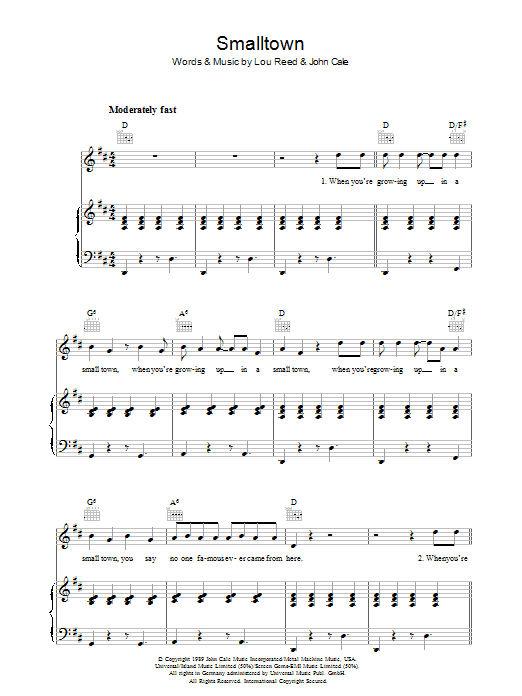 Lou Reed Smalltown sheet music notes and chords arranged for Piano, Vocal & Guitar Chords