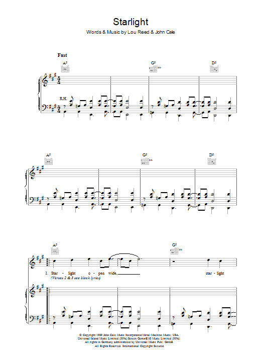 Lou Reed Starlight sheet music notes and chords arranged for Piano, Vocal & Guitar Chords