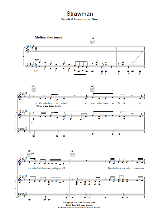 Lou Reed Strawman sheet music notes and chords arranged for Piano, Vocal & Guitar Chords