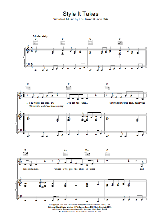 Lou Reed Style It Takes sheet music notes and chords arranged for Piano, Vocal & Guitar Chords