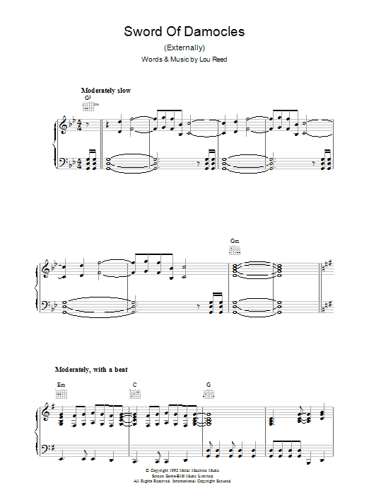 Lou Reed Sword Of Damocles sheet music notes and chords arranged for Piano, Vocal & Guitar Chords