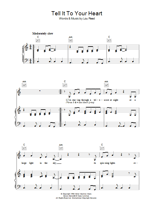 Lou Reed Tell It To Your Heart sheet music notes and chords arranged for Piano, Vocal & Guitar Chords