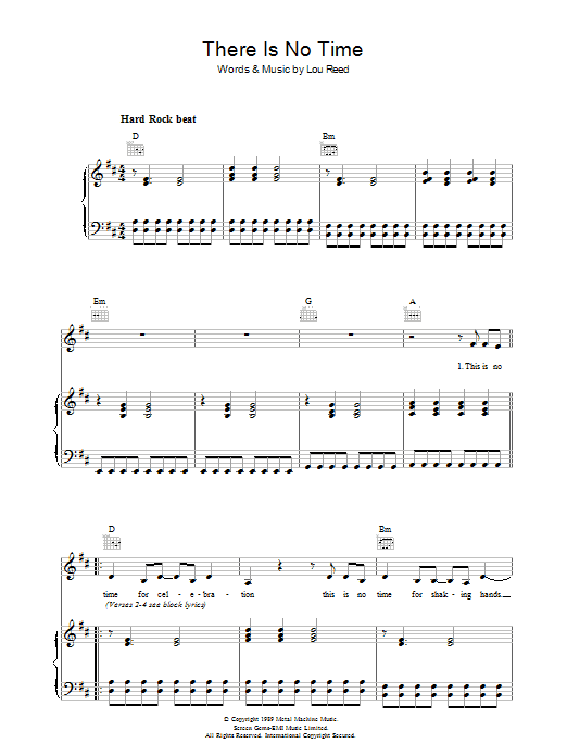 Lou Reed There Is No Time sheet music notes and chords arranged for Piano, Vocal & Guitar Chords