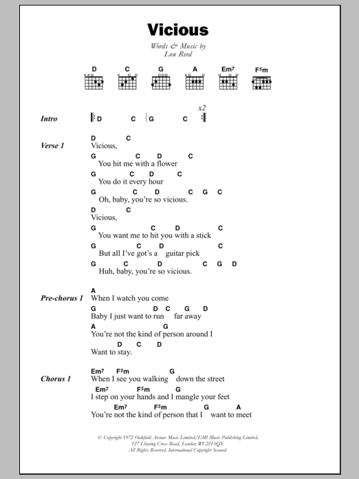 Lou Reed Vicious sheet music notes and chords arranged for Guitar Chords/Lyrics