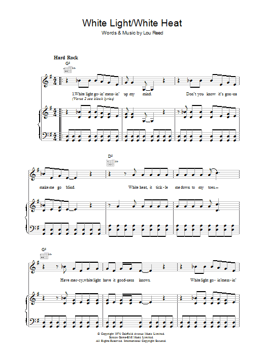 Lou Reed White Light/White Heat sheet music notes and chords arranged for Piano, Vocal & Guitar Chords