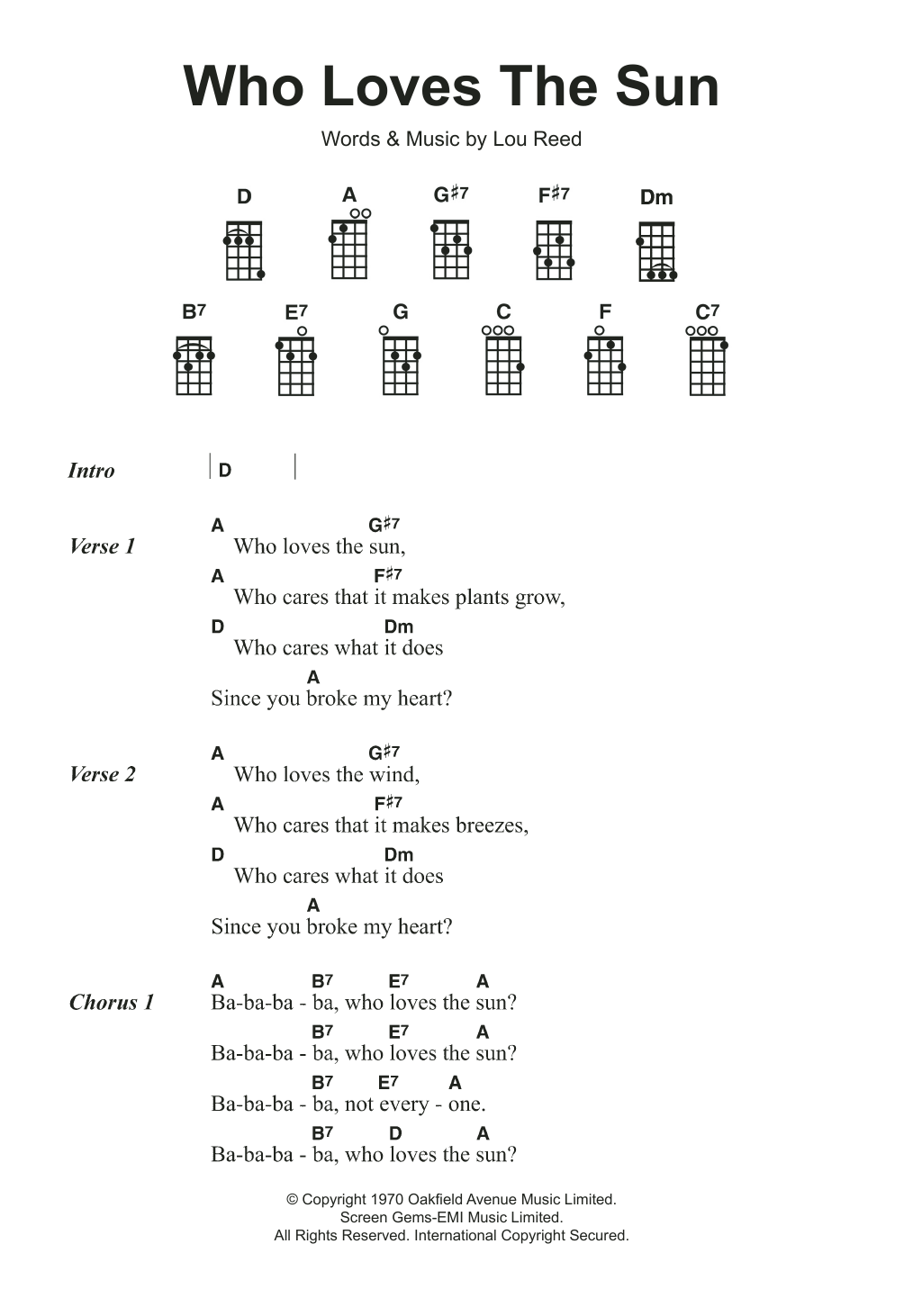 Lou Reed Who Loves The Sun sheet music notes and chords arranged for Ukulele