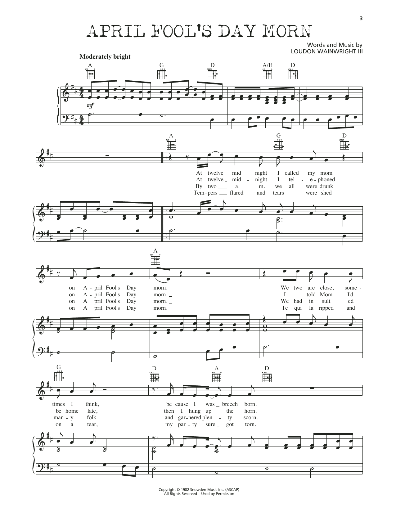 Loudon Wainwright III April Fool's Day Morn sheet music notes and chords arranged for Piano, Vocal & Guitar Chords (Right-Hand Melody)