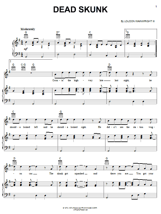 Loudon Wainwright III Dead Skunk sheet music notes and chords arranged for Piano, Vocal & Guitar Chords (Right-Hand Melody)