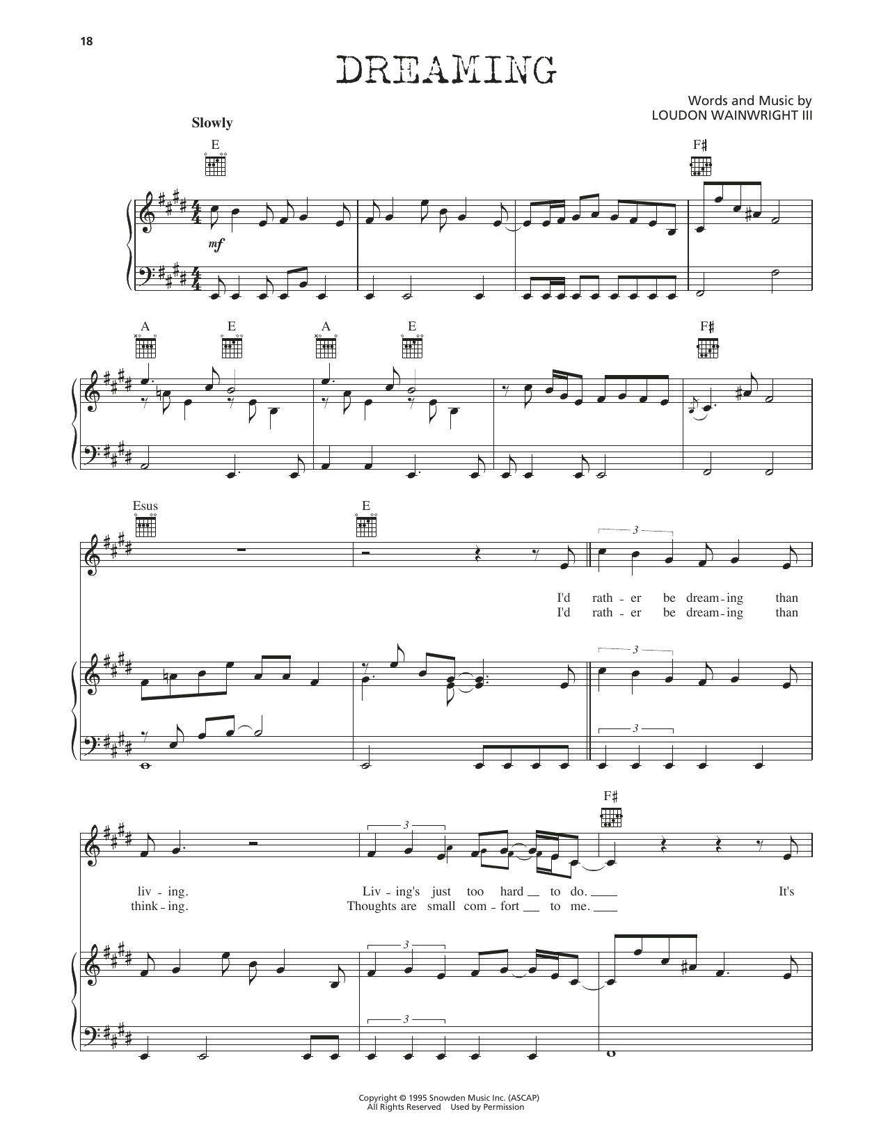 Loudon Wainwright III Dreaming sheet music notes and chords arranged for Piano, Vocal & Guitar Chords (Right-Hand Melody)