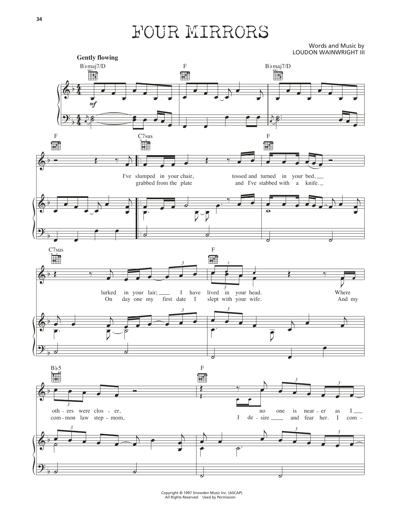 Loudon Wainwright III Four Mirrors sheet music notes and chords arranged for Piano, Vocal & Guitar Chords (Right-Hand Melody)