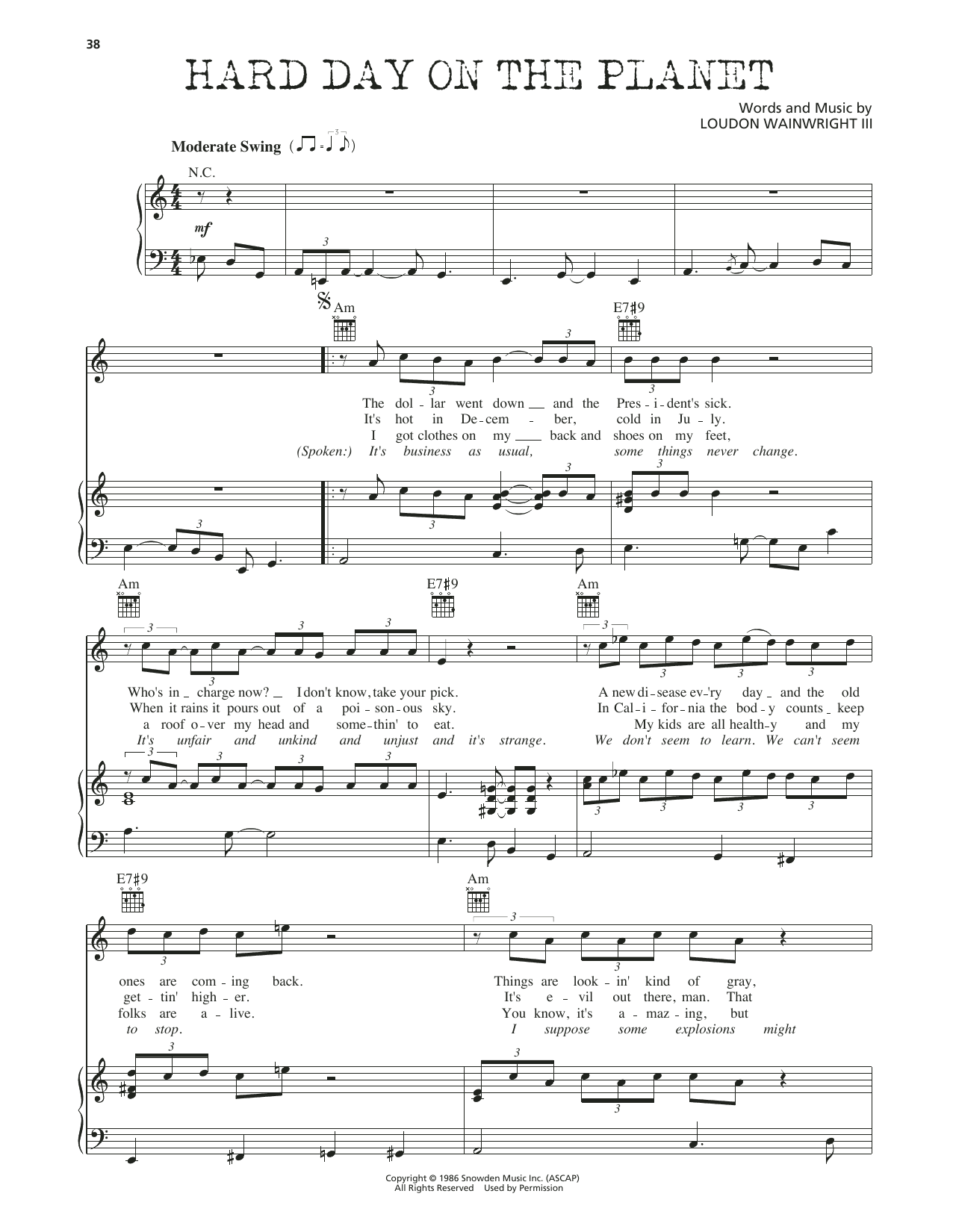 Loudon Wainwright III Hard Day On The Planet sheet music notes and chords arranged for Piano, Vocal & Guitar Chords (Right-Hand Melody)