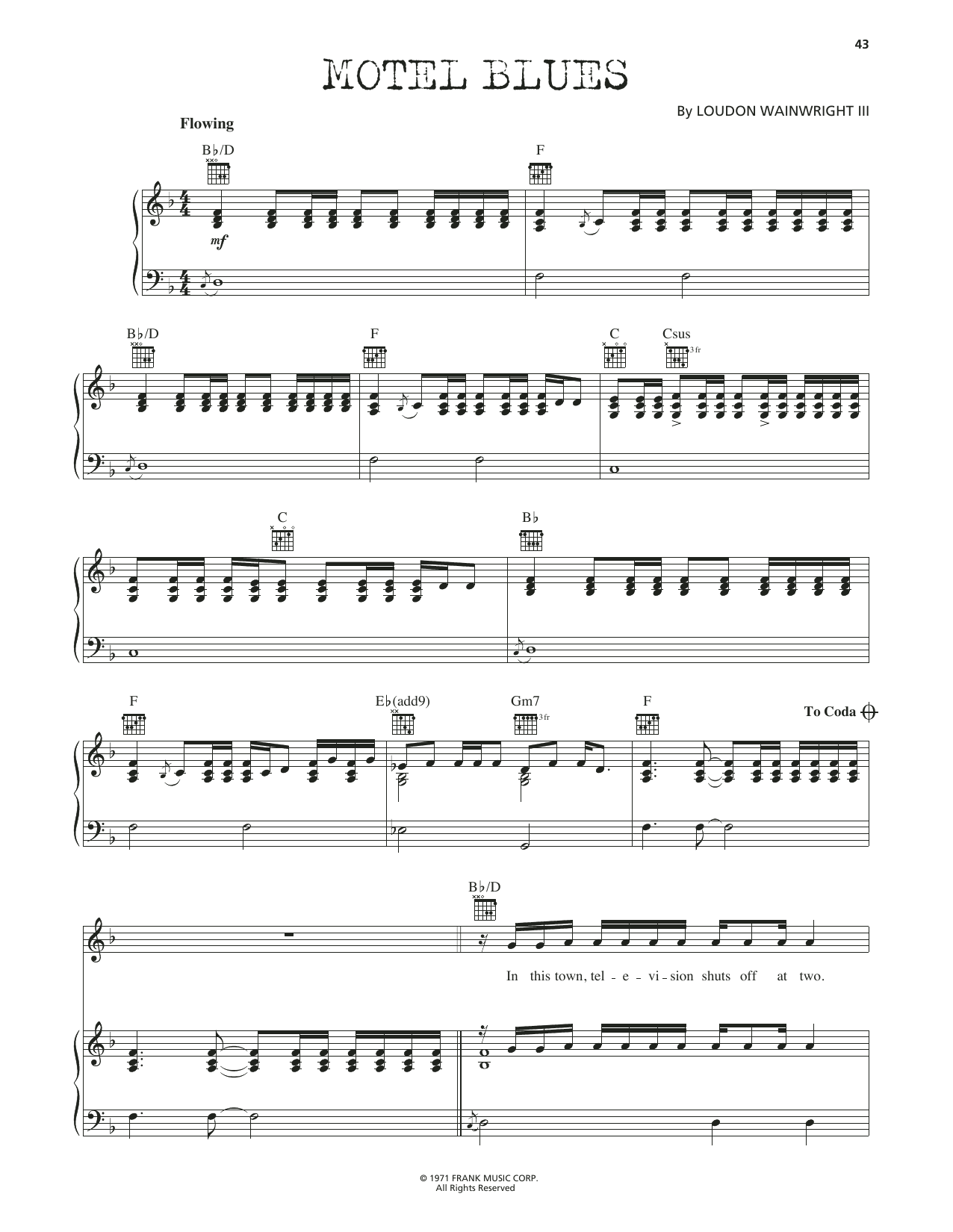 Loudon Wainwright III Motel Blues sheet music notes and chords arranged for Piano, Vocal & Guitar Chords (Right-Hand Melody)