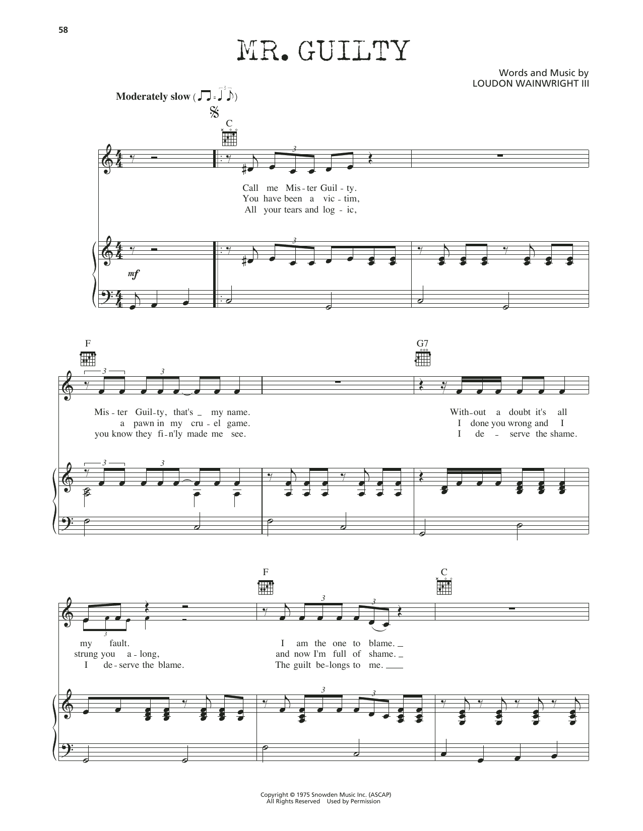 Loudon Wainwright III Mr. Guilty sheet music notes and chords arranged for Piano, Vocal & Guitar Chords (Right-Hand Melody)
