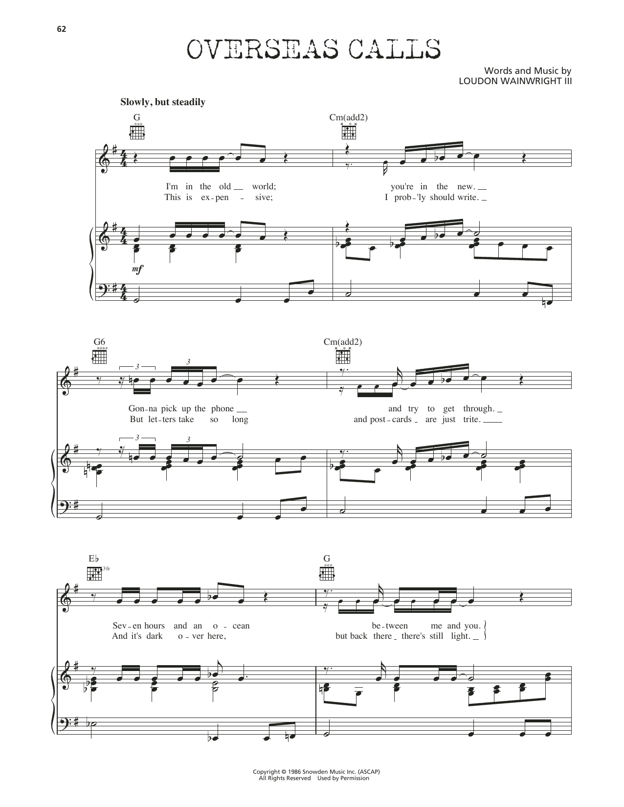 Loudon Wainwright III Overseas Calls sheet music notes and chords arranged for Piano, Vocal & Guitar Chords (Right-Hand Melody)